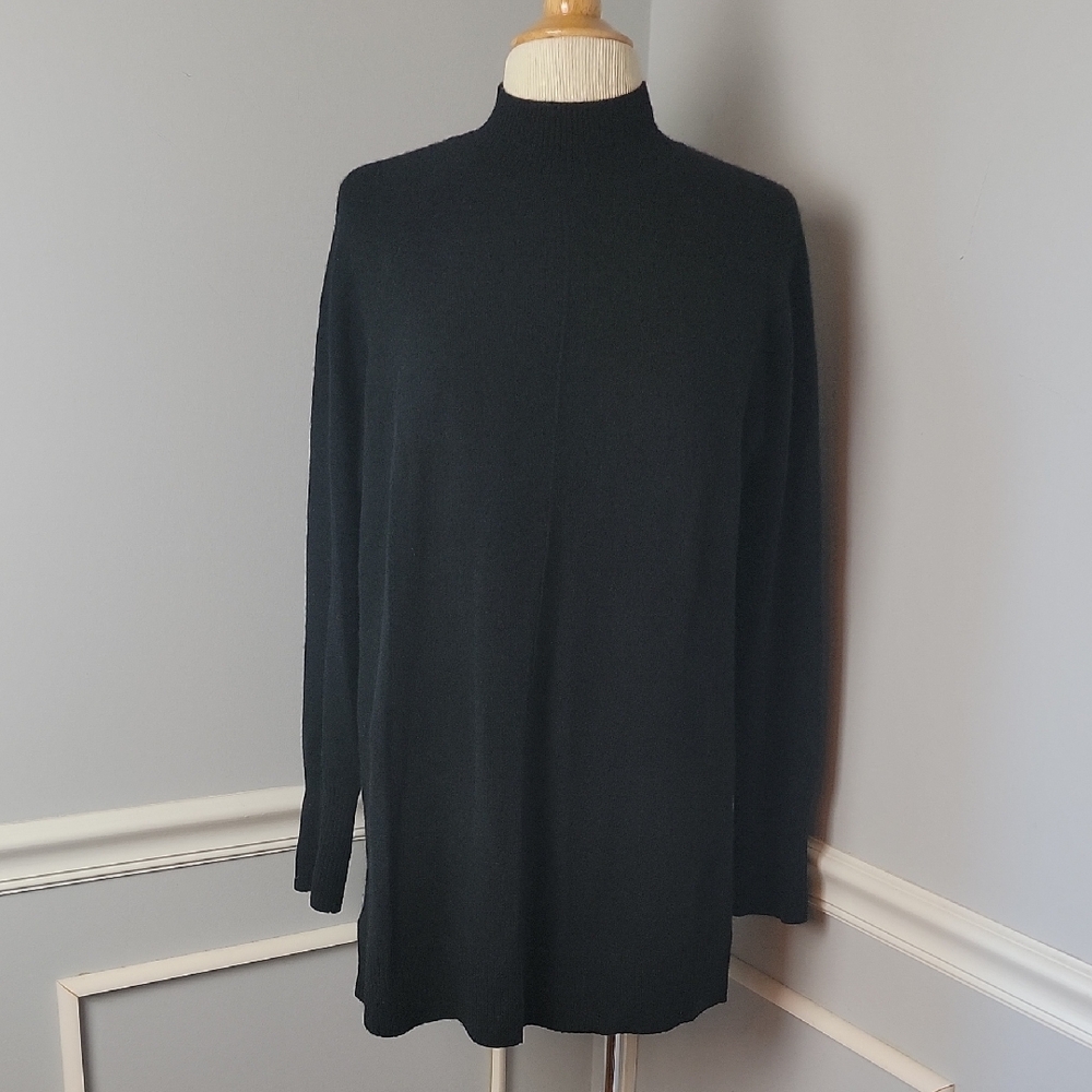SAKS FIFTH AVENUE Cashmere Black Mock Neck Tunic Classic Pull Over Sweater M‎